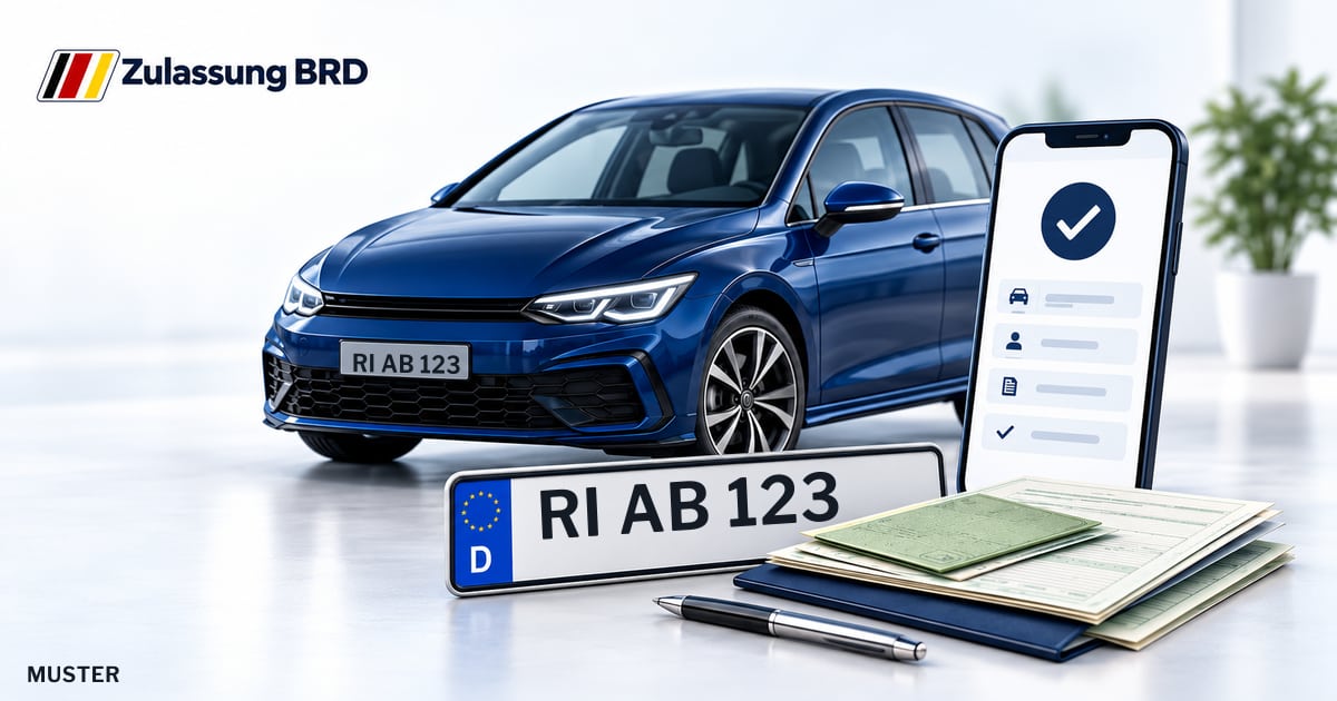 Online Fahrzeugzulassung in Bückeburg: Musterkennzeichen RI AB 123, Auto und Fahrzeugpapiere und Smartphone. Illustration mit Logo von Zulassung BRD.